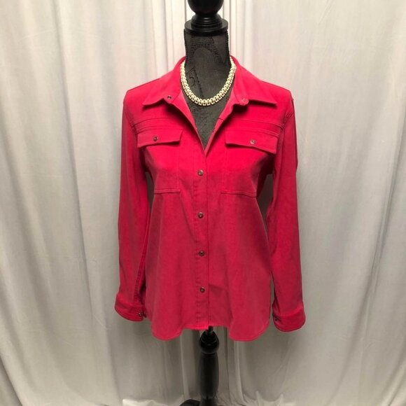 Sag Harbor Shirt Womens Size 10 Pink Fuchsia Snaps Long Sleeve Collared Top - Picture 1 of 6